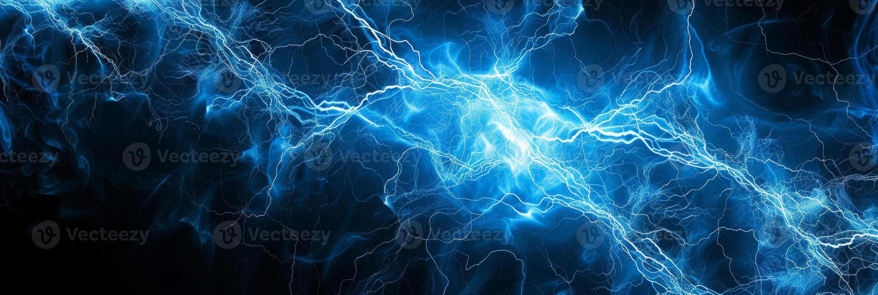 ai generado y intrincado red de intenso, brillante azul electricidad arco mediante un negro azabache espacio, parecido a un científico ilustración de plasma foto