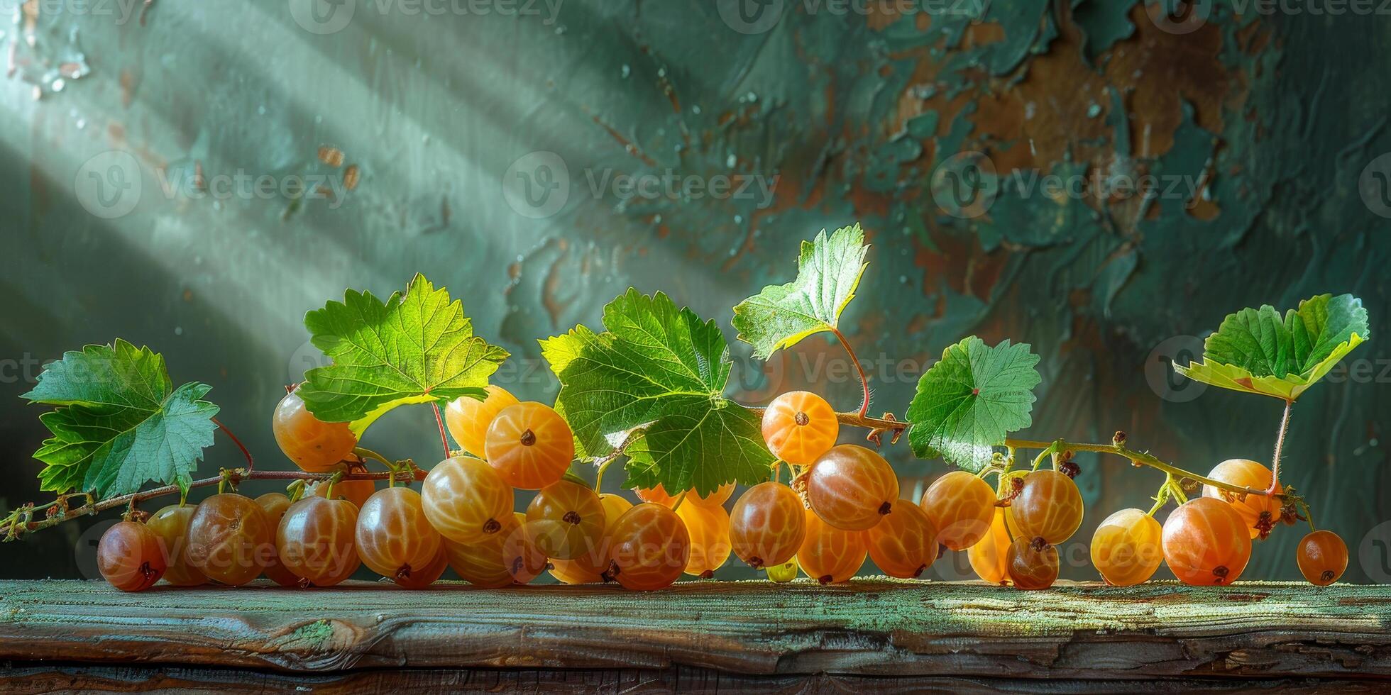 AI generated A close-up view of a bunch of fresh gooseberry hanging from a tree, bathed in sunlight. The vibrant red colors stand out against the green leaves in the background photo