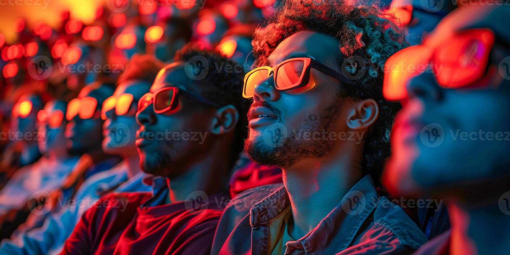 AI generated A diverse group of people, wearing glowing glasses, is captured in a moment of joy and amazement at a nighttime event, their faces bathed in vibrant, colorful lights photo