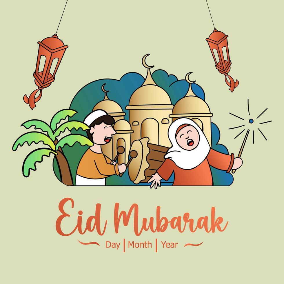 eid mubarak with hand drawn islamic children illustration vector