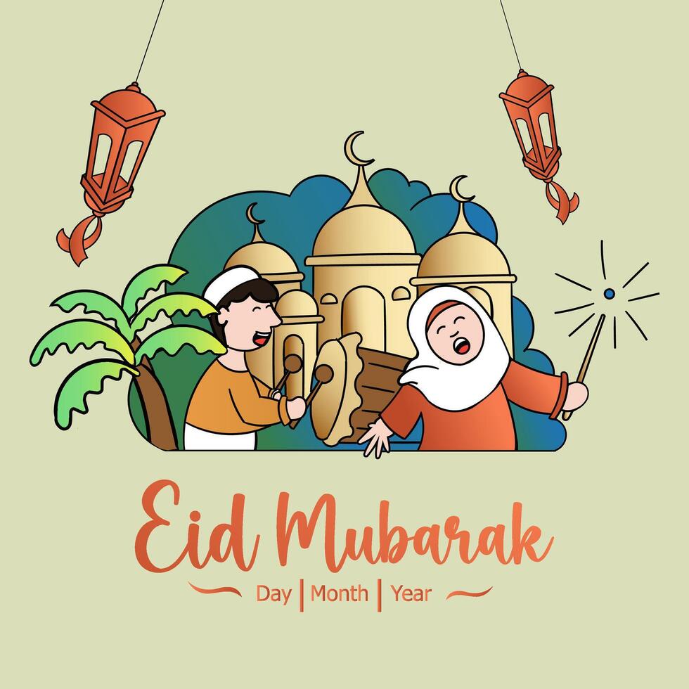 eid Mubarak con mano dibujado islámico niños ilustración vector