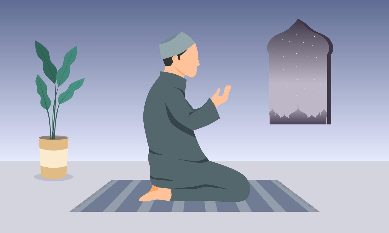 A Muslim man praying at home. A Muslim man sitting on prayer mat. Vector illustration.