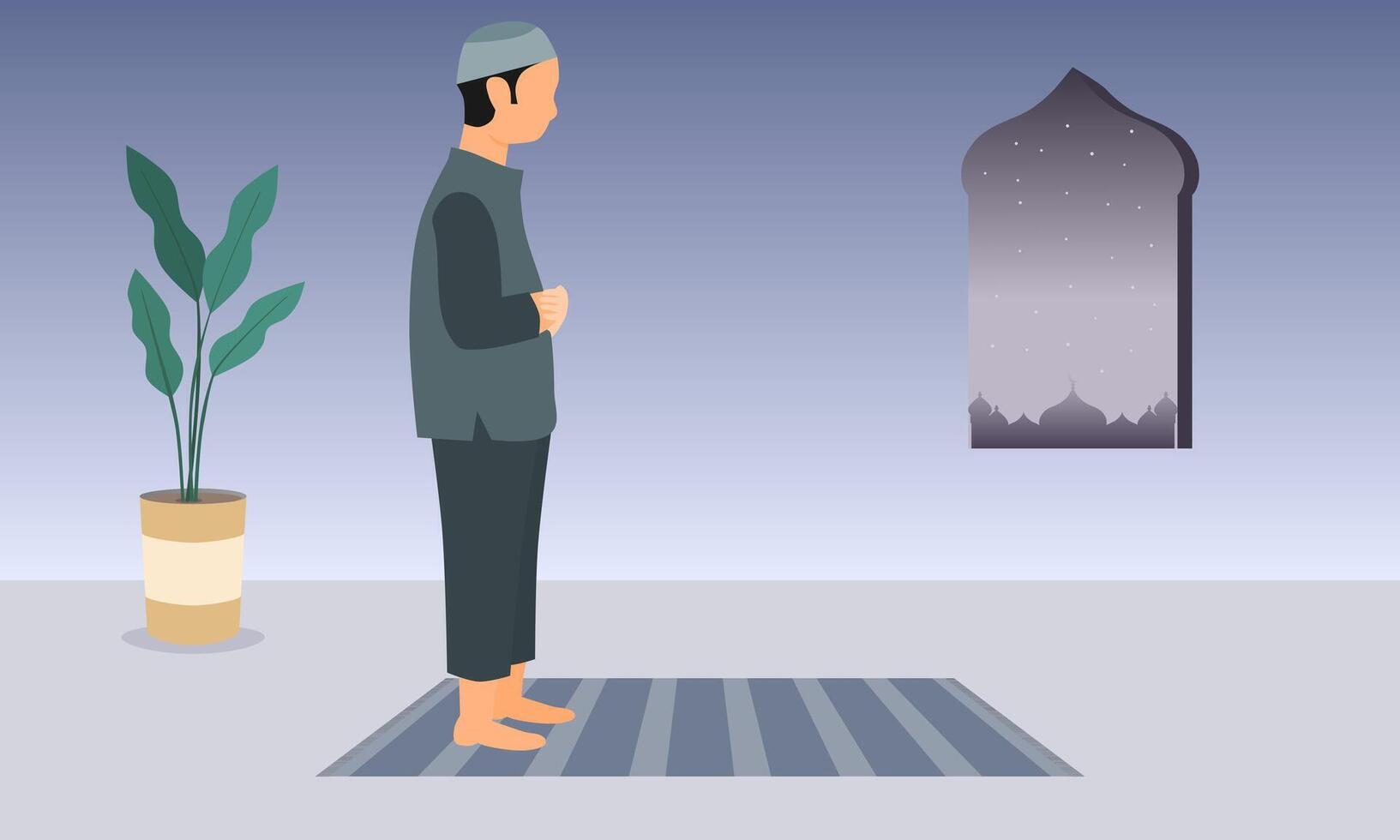 A Muslim man praying on prayer mat. Standing position in prayer. Vector illustration.