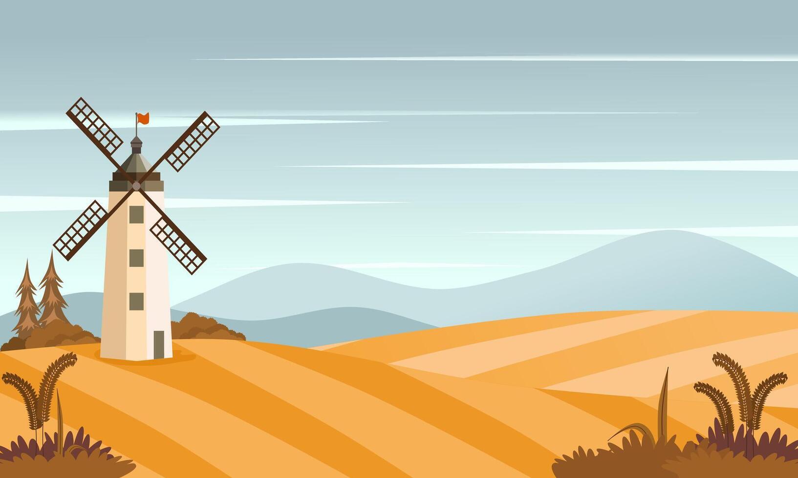 Rural summer landscape with windmill and wheat field. Vector illustration.