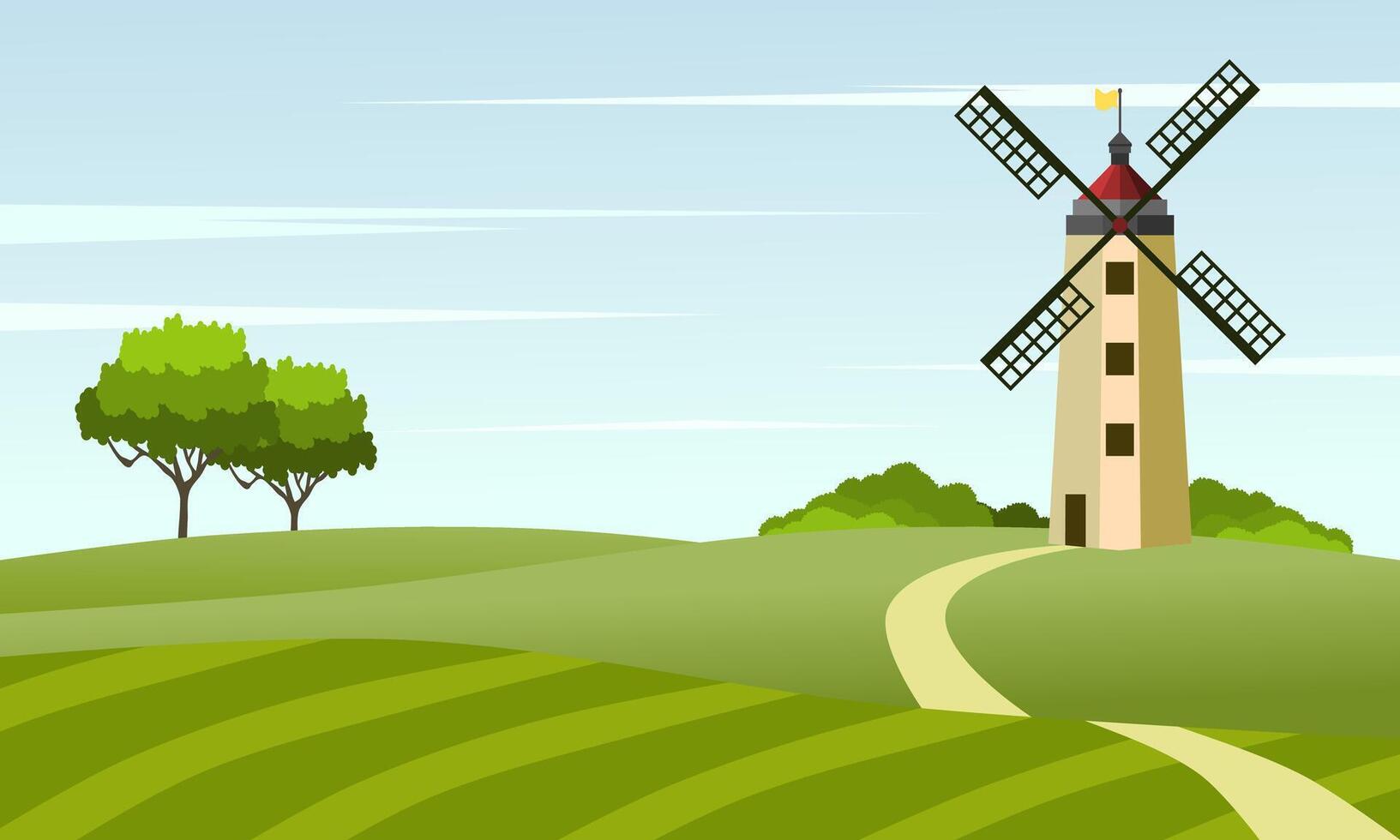 Rural landscape with windmill and meadow or paddy field. Vector illustration.