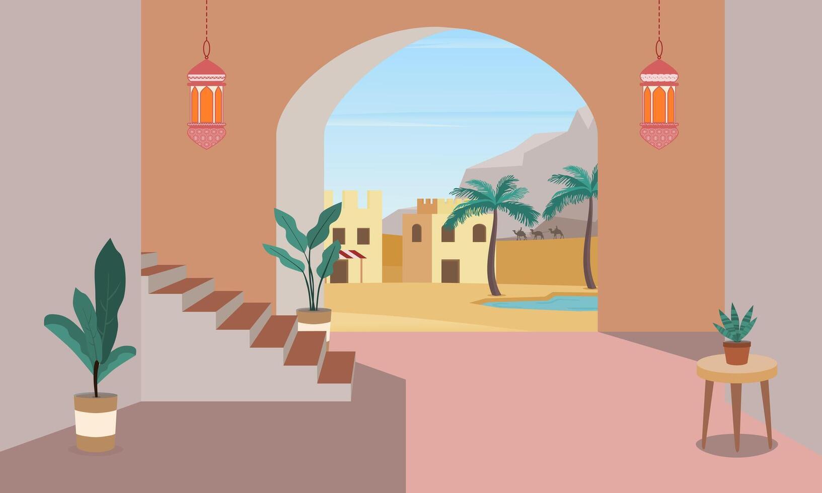 Entrada salón en marroquí, árabe, o indio estilo con ver de Desierto paisaje. vector ilustración.