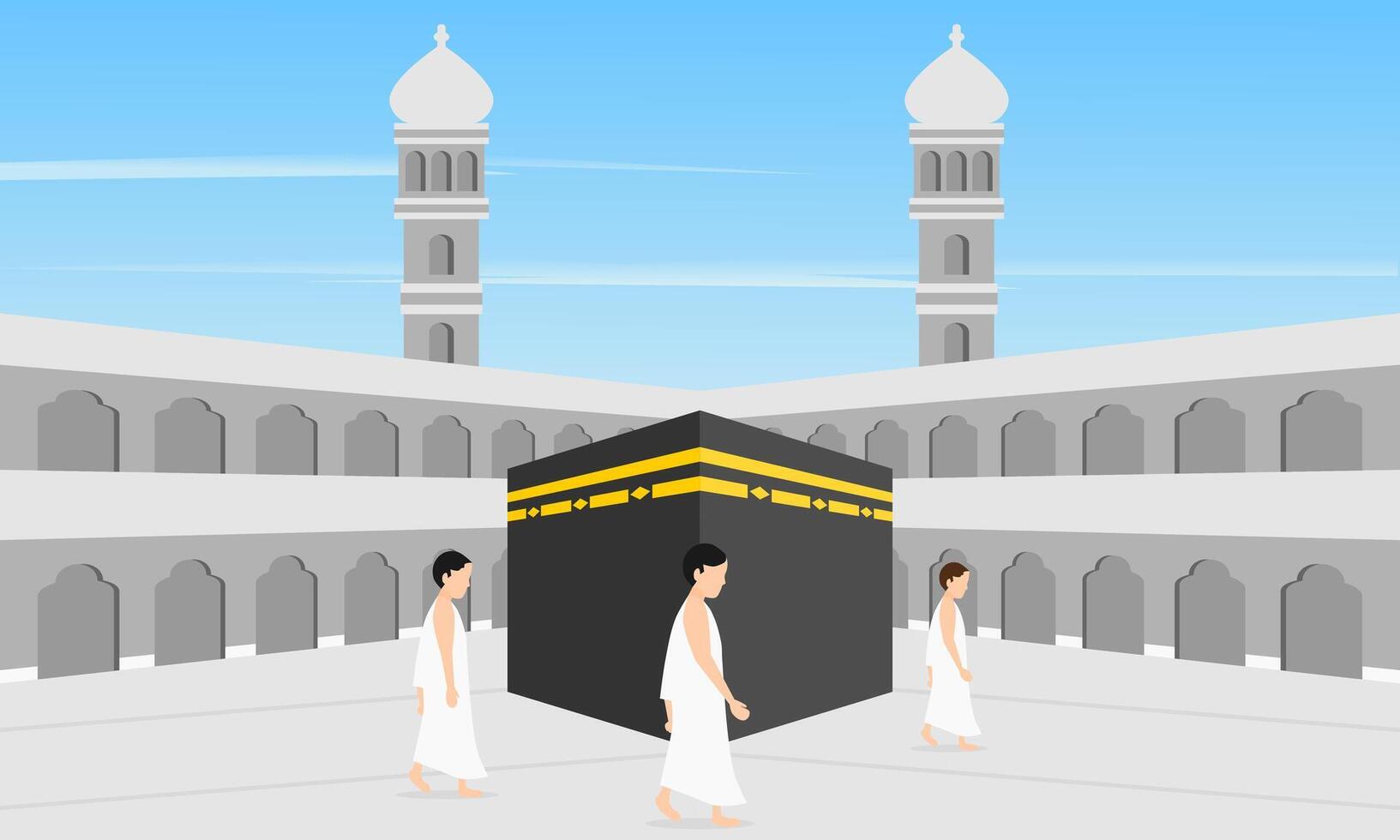 Muslim pilgrims in Masjidil Haram, Sacred mosque that surrounds the Kaaba in the city of Mecca, Saudi Arabia. Vector illustration.