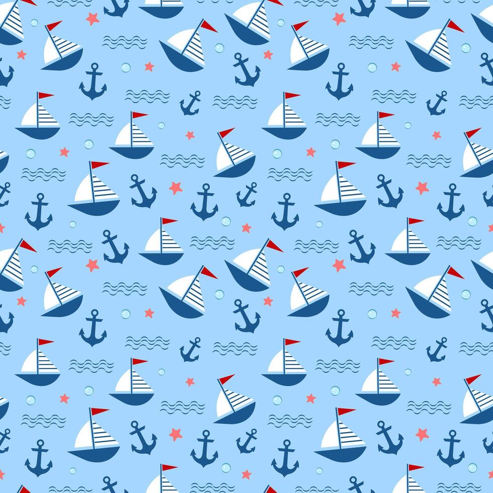 Pattern with boats on a blue background vector