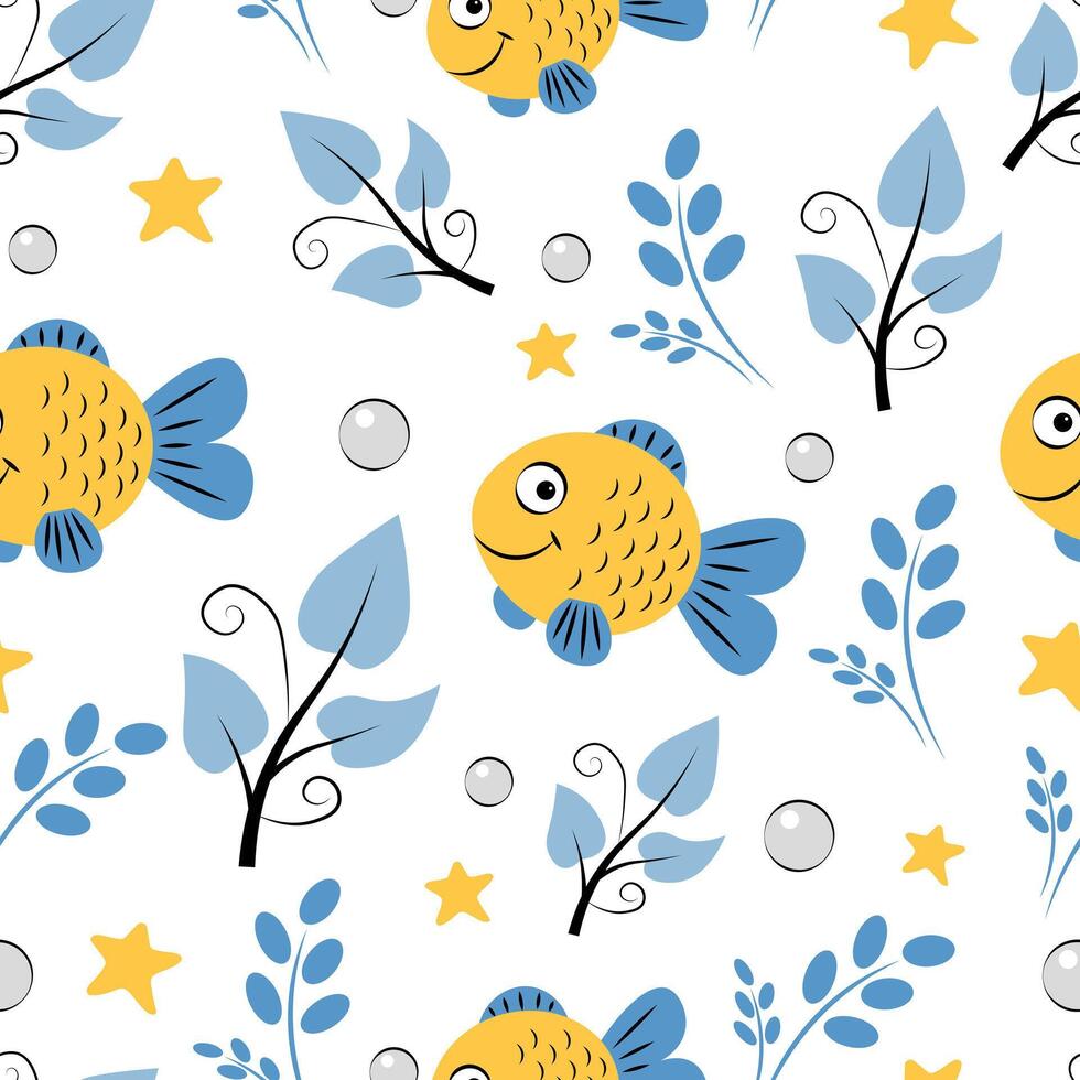 Seamless pattern with goldfish and algae vector