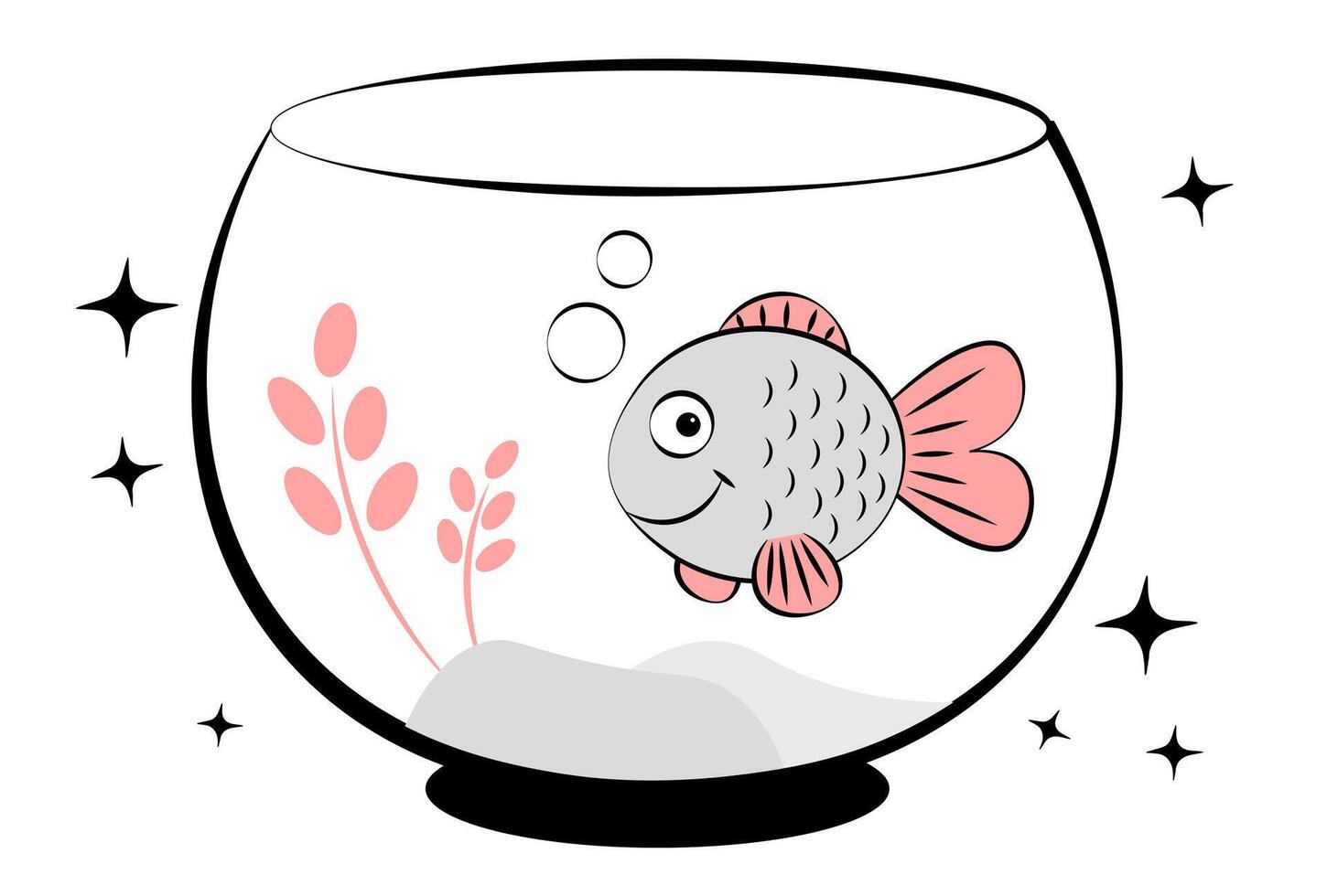 Aquarium with fish on white background. Doodle vector
