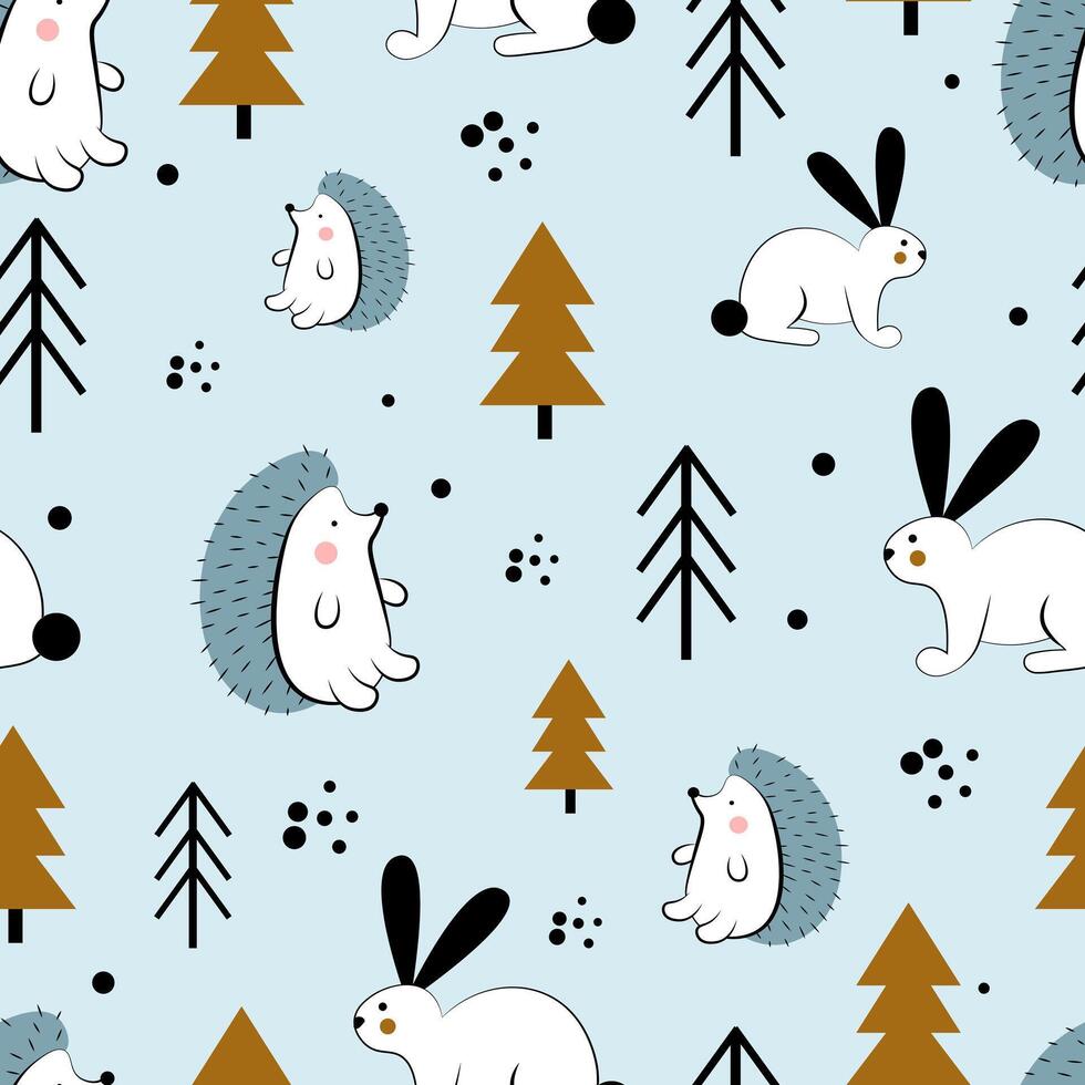 Seamless pattern with hedgehogs and bunnies in the forest vector