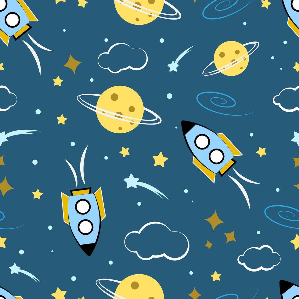 Seamless pattern with rocket, space, stars, planet vector