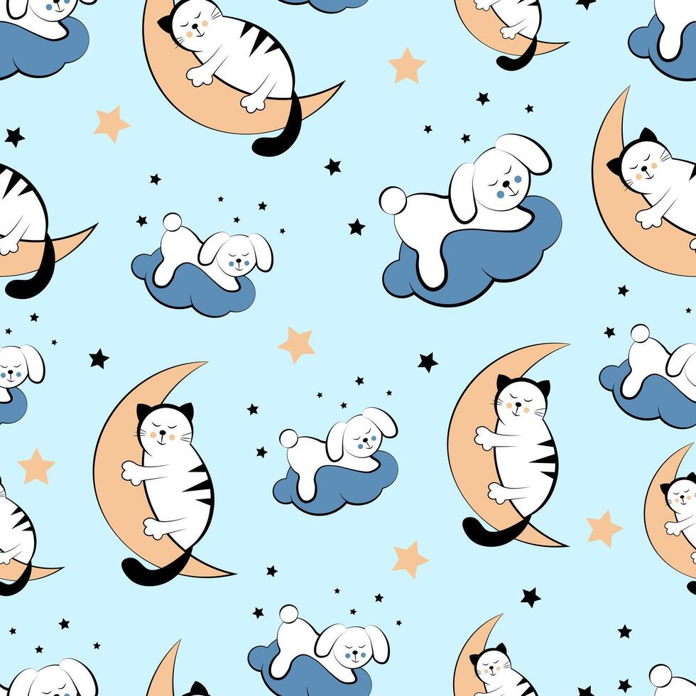 seamless pattern with sleeping cats and bunny vector