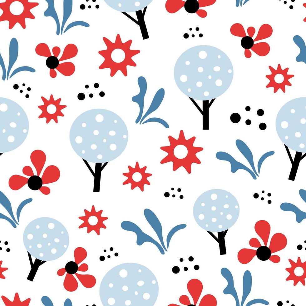 Seamless pattern with flowers and trees on a white background vector