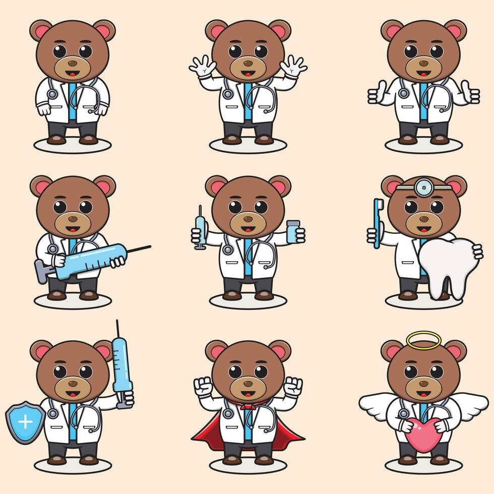 Vector Illustration of Cute Bear cartoon with Doctor costume. Set of cute Bear characters. Collection of funny little Bear.