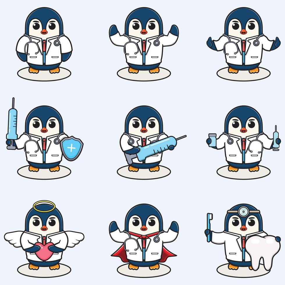 Vector Illustration of Cute Penguin cartoon with Doctor costume. Set of cute Penguin characters. Collection of funny little Penguin.