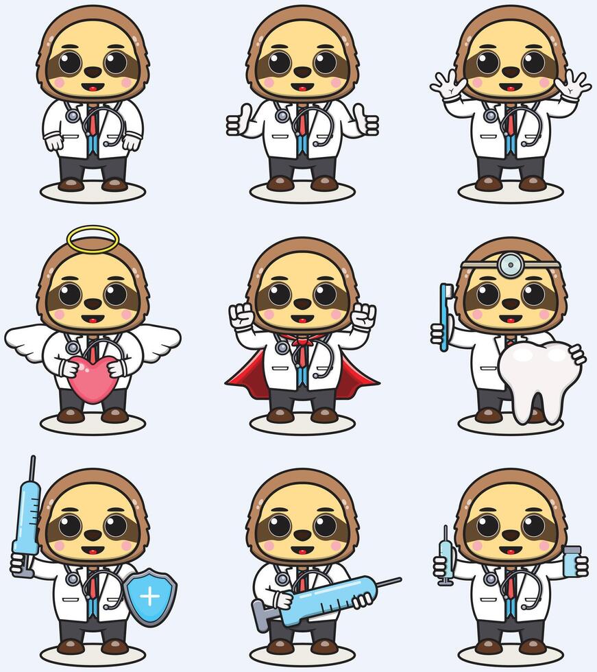 Vector Illustration of Cute Sloth cartoon with Doctor costume. Set of cute Sloth characters. Collection of funny little Sloth.