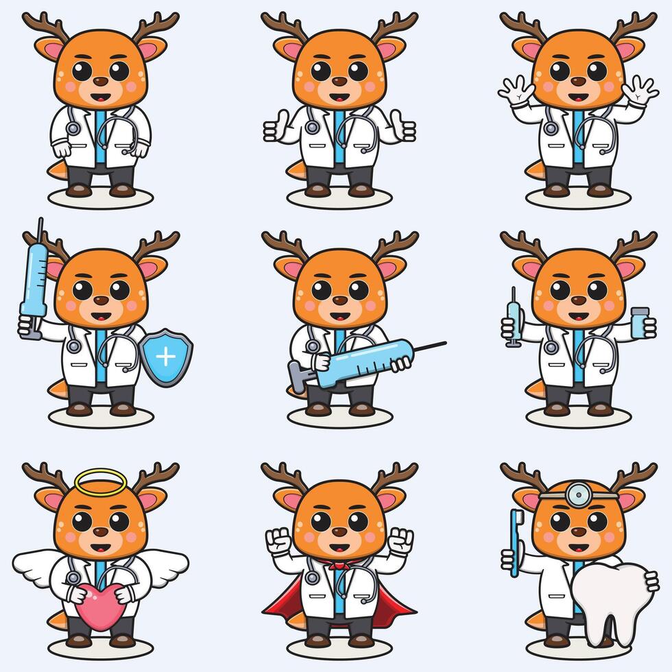 Vector Illustration of Cute Deer cartoon with Doctor costume. Set of cute Deer characters. Collection of funny little Deer.