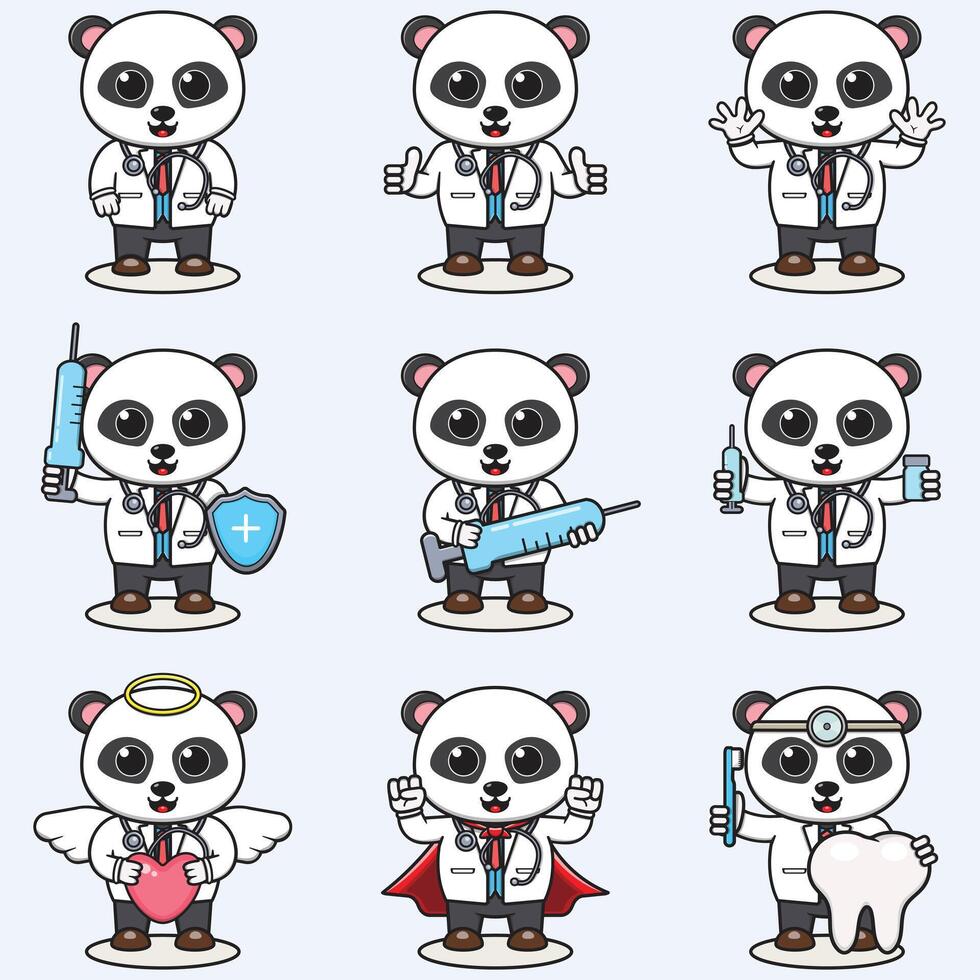 vector ilustración de linda panda dibujos animados con médico traje. conjunto de linda panda caracteres. colección de gracioso pequeño panda.