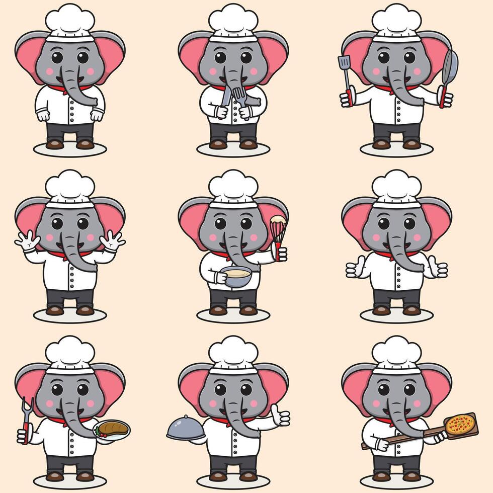 Vector Illustration of Cute Elephant wearing chef uniform. Flat Cartoon Style. Set of Cute Animal Characters in Chef Uniform. Vector illustration in isolated background. Cute Elephant illustration