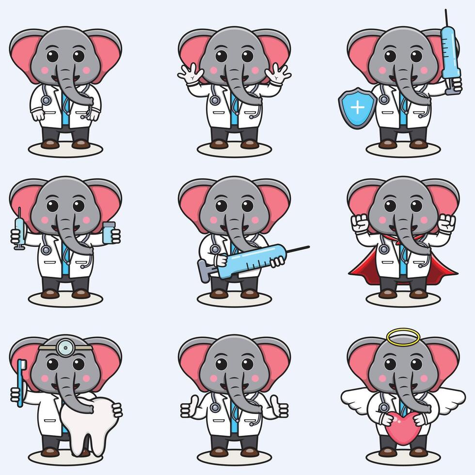 vector ilustración de linda elefante dibujos animados con médico traje. conjunto de linda elefante caracteres. colección de gracioso pequeño elefante aislado en un blanco antecedentes.