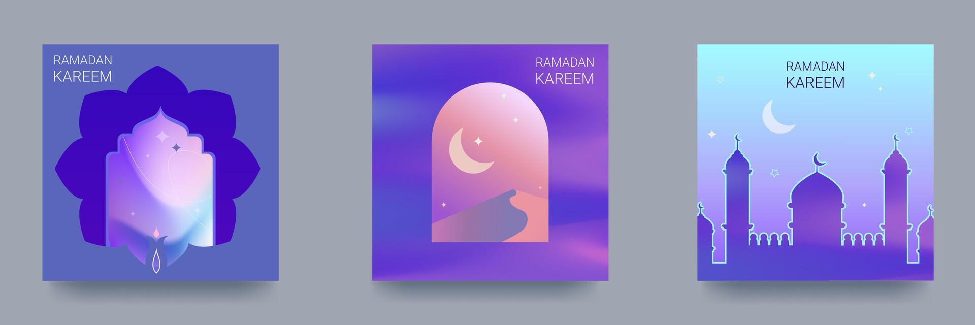 Ramadan Kareem Set of Posters, Holiday Covers, Flyers. Contemporary design in vibrant gradients with mosque, crescent, traditional patterns, arched windows. Vector illustration