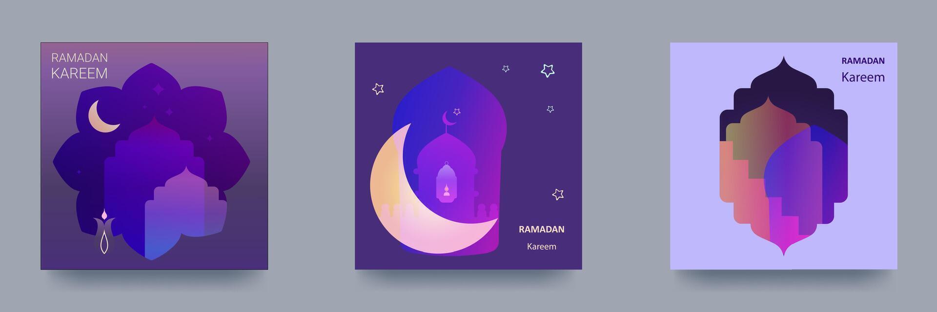 Ramadan Kareem Set of Posters, Holiday Covers, Flyers. Contemporary design in vibrant gradients with mosque, crescent, traditional patterns, arched windows. Vector