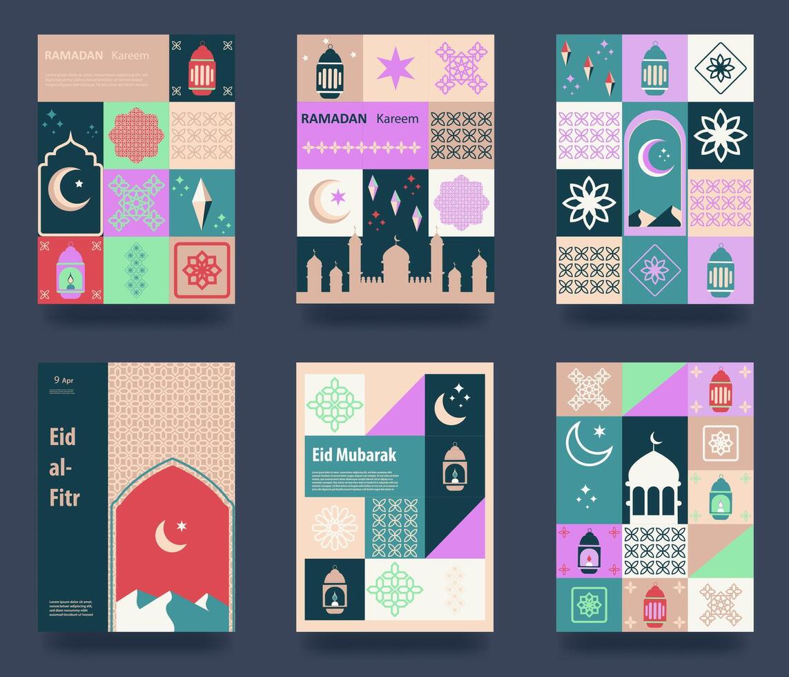 Ramadán kareem Ramadán saludo tarjeta modelo colocar. tradicional patrones y elementos. mosaico geométrico ilustración. póster, medios de comunicación bandera. vector