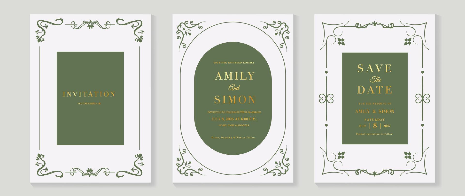 Luxury wedding invitation card vector. Elegant art nouveau classic antique design, green line, frame on white background. Premium design illustration for gala, grand opening, art deco. vector