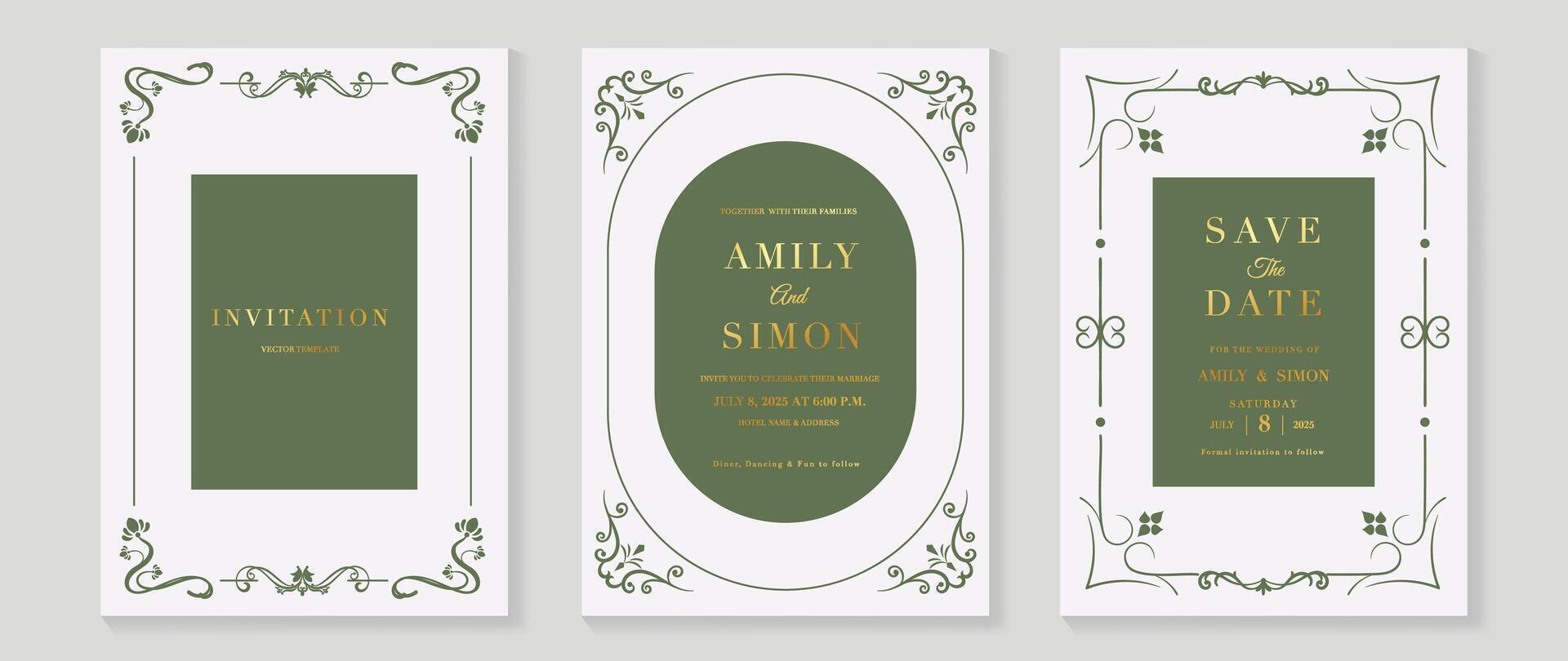 Luxury wedding invitation card vector. Elegant art nouveau classic antique design, green line, frame on white background. Premium design illustration for gala, grand opening, art deco. vector