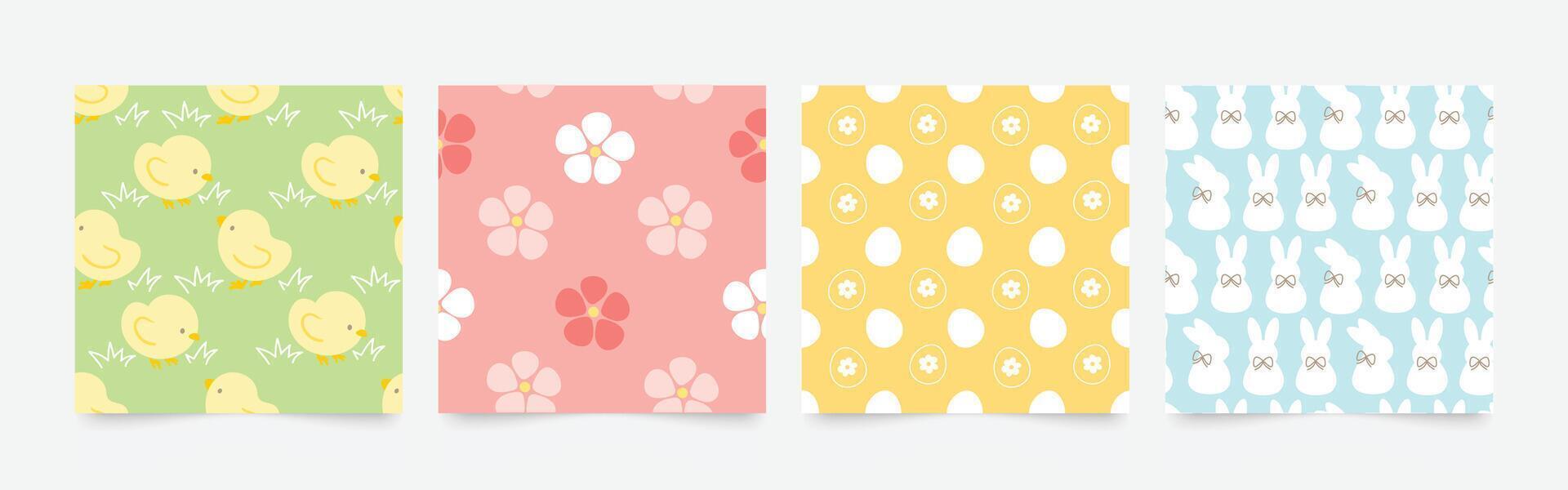 Happy Easter seamless pattern vector. Set of square cover design with easter egg, flower, rabbit, chick. Spring season repeated in fabric pattern for prints, wallpaper, cover, packaging, kids, ads. vector
