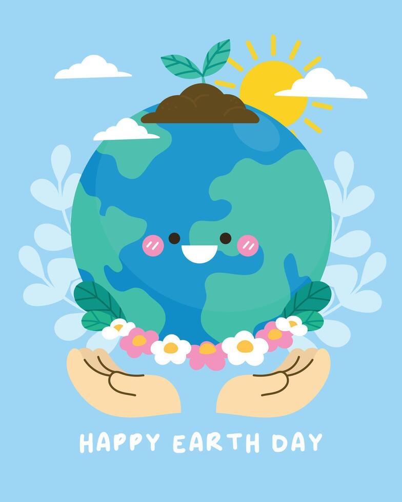 Happy Earth day concept background vector. Save the earth, globe, sun, flower, plant tree, embrace, cloud. Eco friendly illustration design for web, banner, campaign, social media post. vector