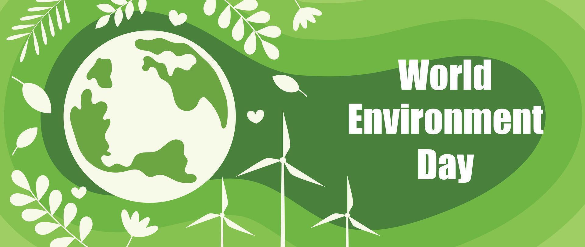 World Environment day concept background vector. Save the earth, globe, windmill, foliage on green background. Eco friendly illustration design for web, banner, campaign, social media post. vector