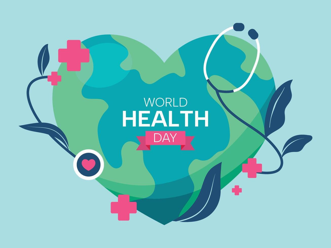 World health day concept, 7 April, background vector. Hand drawn comic doodle style of earth, heart, stethoscope. Design for web, banner, campaign, social media post. vector