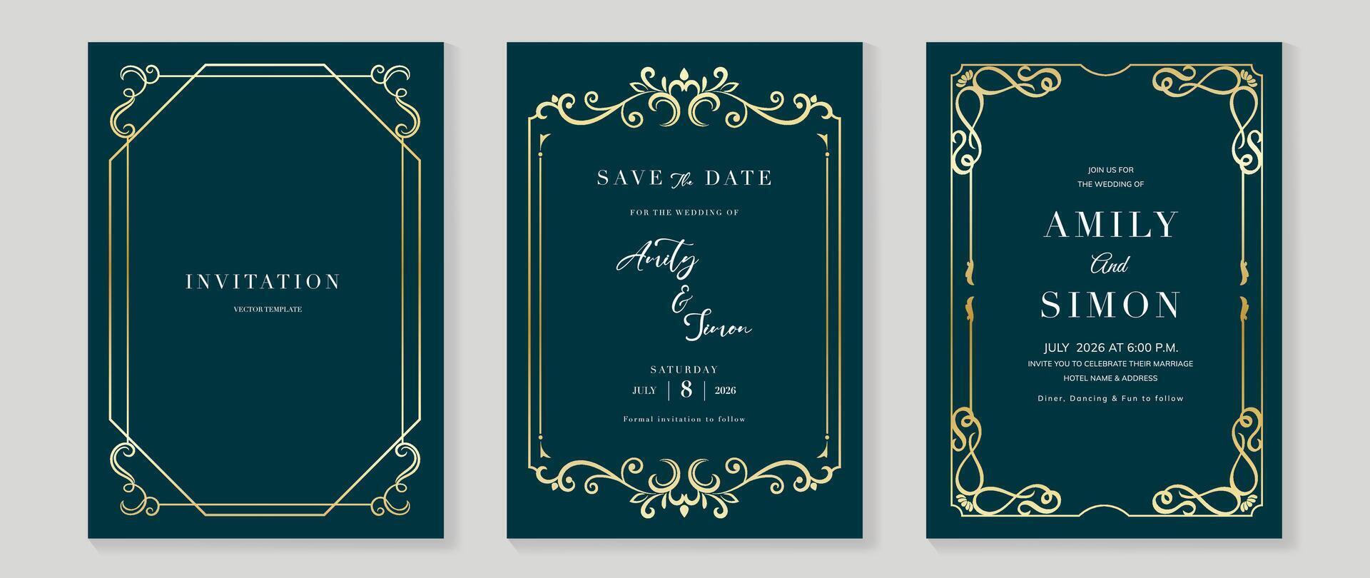 Luxury wedding invitation card vector. Elegant art nouveau classic antique design, gold line gradient, frame on dark green background. Premium design illustration for gala, grand opening, art deco. vector