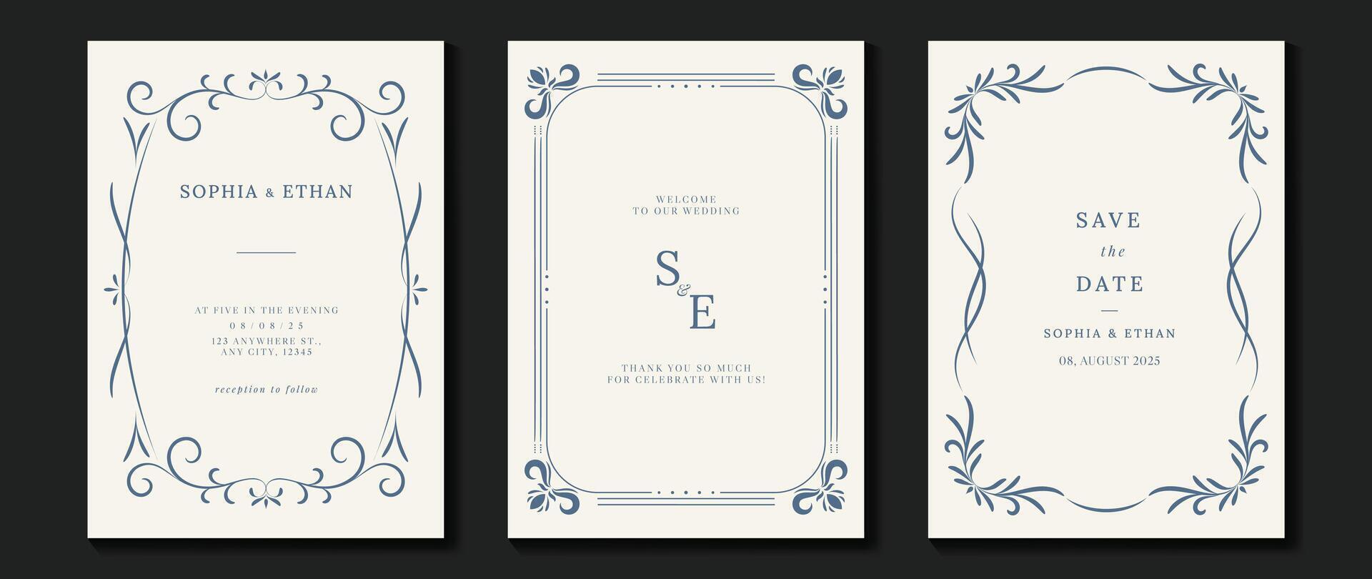 Luxury wedding invitation card vector. Elegant art nouveau classic antique design, blue line, frame on white background. Premium design illustration for gala, grand opening, art deco. vector