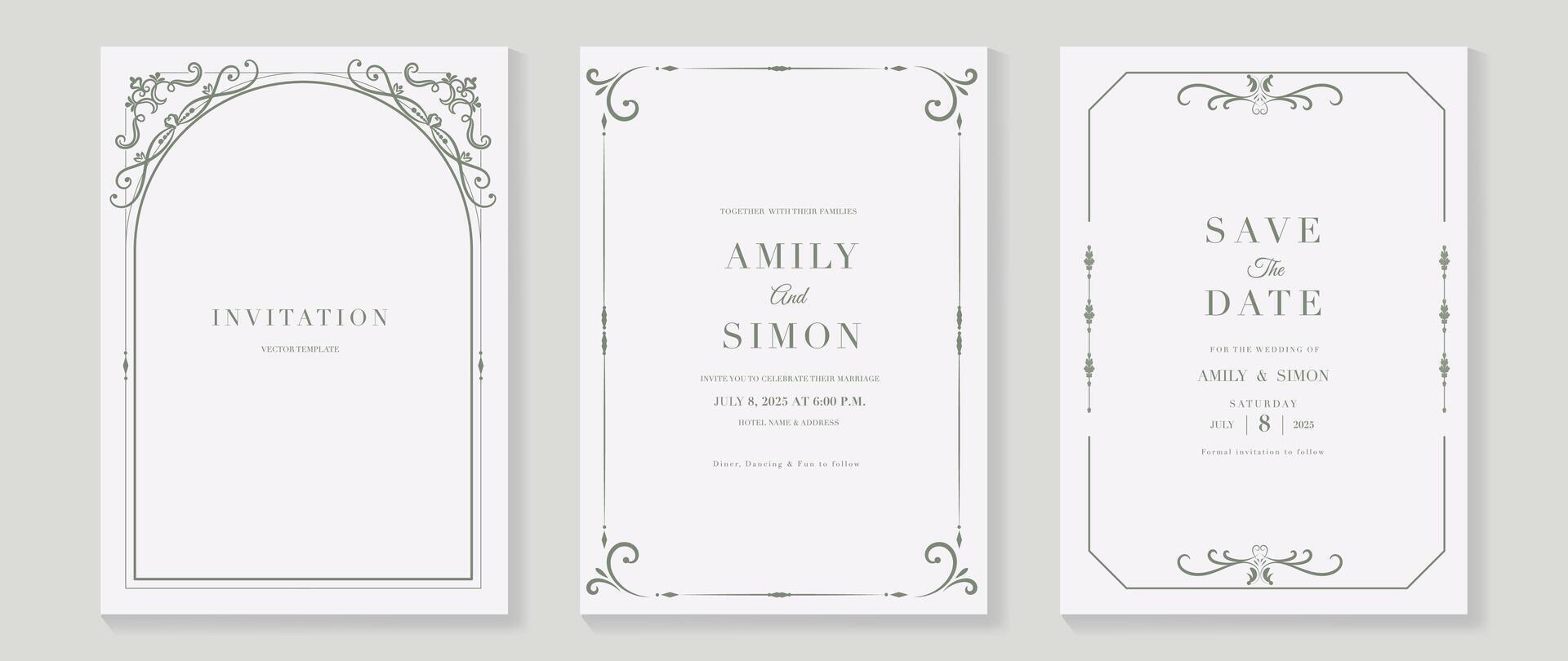 Luxury wedding invitation card vector. Elegant art nouveau classic antique design, gray line, frame on white background. Premium design illustration for gala, grand opening, art deco. vector