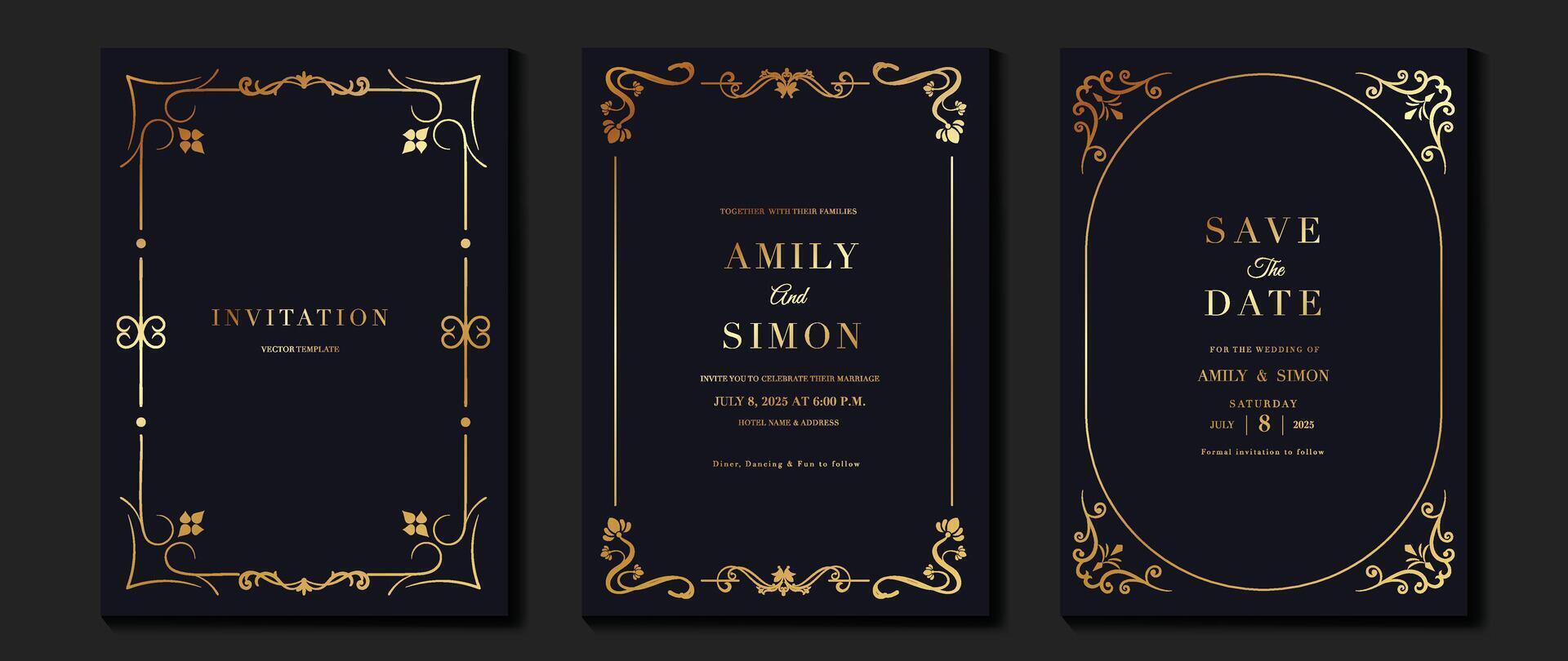 Luxury wedding invitation card vector. Elegant art nouveau classic antique design, gold line gradient, frame on navy background. Premium design illustration for gala, grand opening, art deco. vector