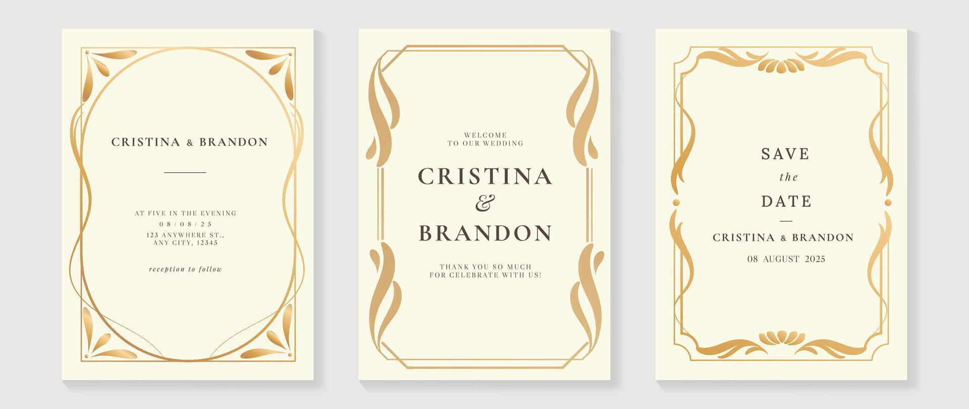 Luxury wedding invitation card vector. Elegant art nouveau classic antique design, gold lines gradient, frame on light background. Premium design illustration for gala, grand opening, art deco. vector