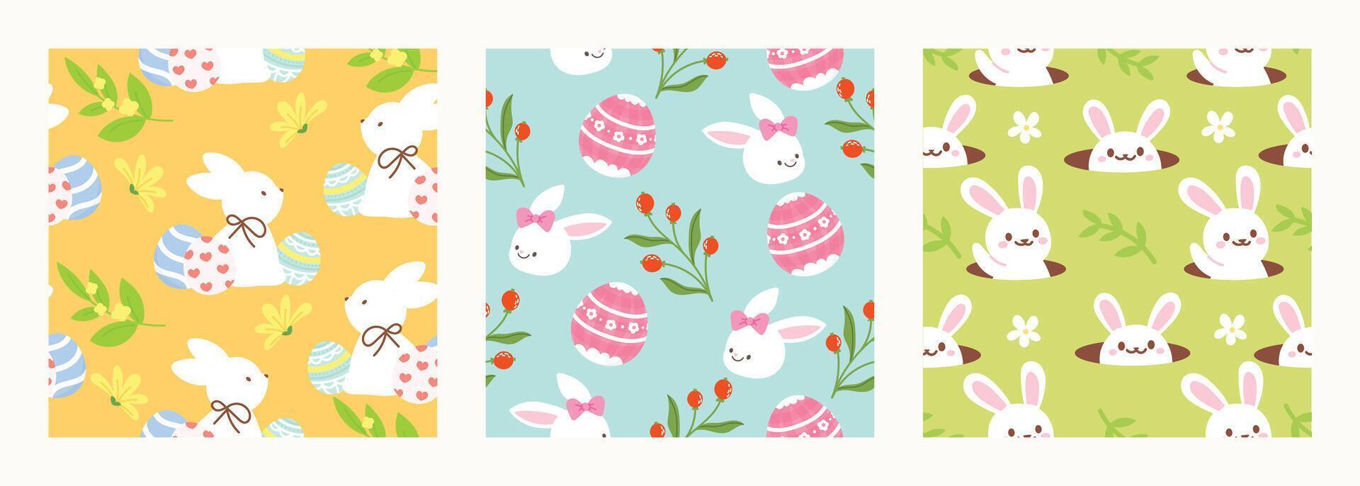 Happy Easter seamless pattern vector. Set of square cover design with easter egg, flower, rabbit, foliage. Spring season repeated in fabric pattern for prints, wallpaper, cover, packaging, kids, ads. vector