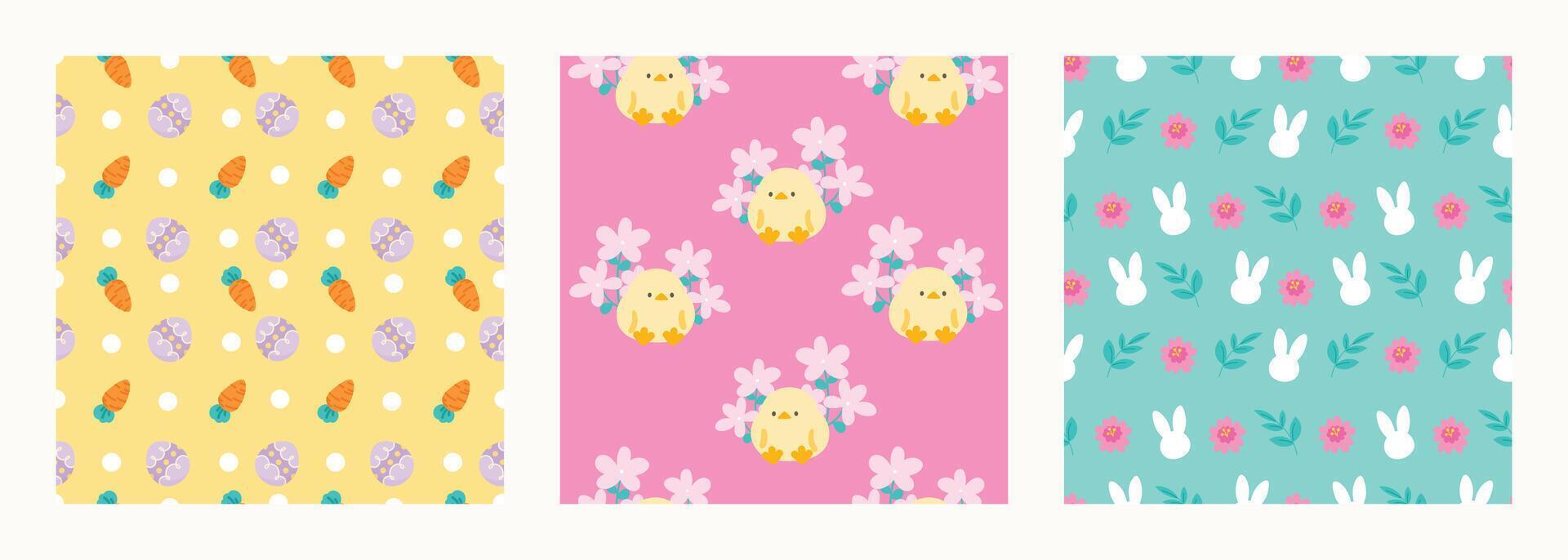 Happy Easter seamless pattern vector. Set of square cover design with easter egg, flower, rabbit, chick. Spring season repeated in fabric pattern for prints, wallpaper, cover, packaging, kids, ads. vector