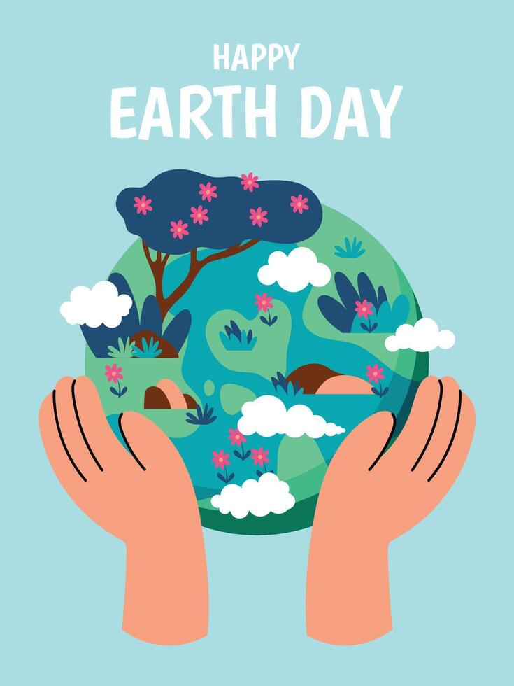 Happy Earth day concept background vector. Save the earth, globe, embrace, tree, flower. Eco friendly illustration design for web, banner, campaign, social media post. vector