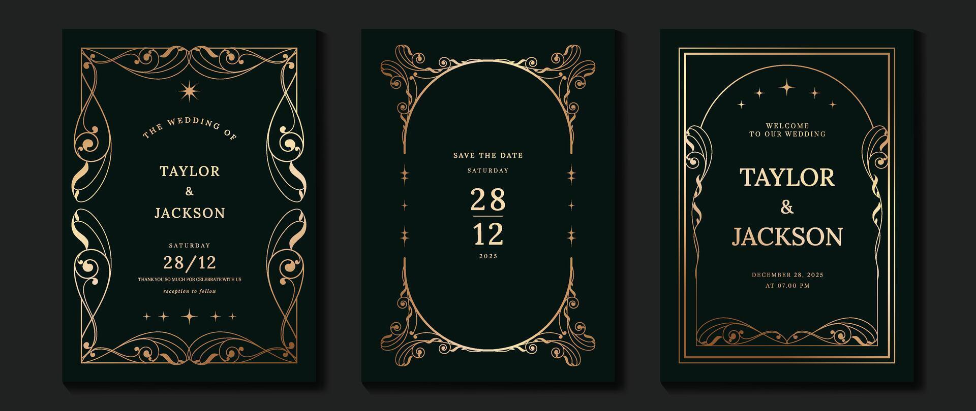 Luxury wedding invitation card vector. Elegant art nouveau classic antique design, gold lines gradient, frame on dark green background. Premium design illustration for gala, grand opening, art deco. vector