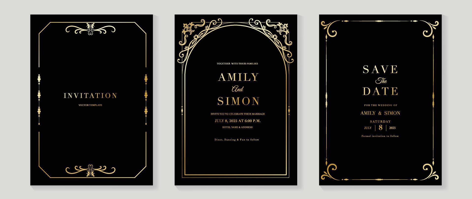 Luxury wedding invitation card vector. Elegant art nouveau classic antique design, gold line gradient, frame on dark background. Premium design illustration for gala, grand opening, art deco. vector