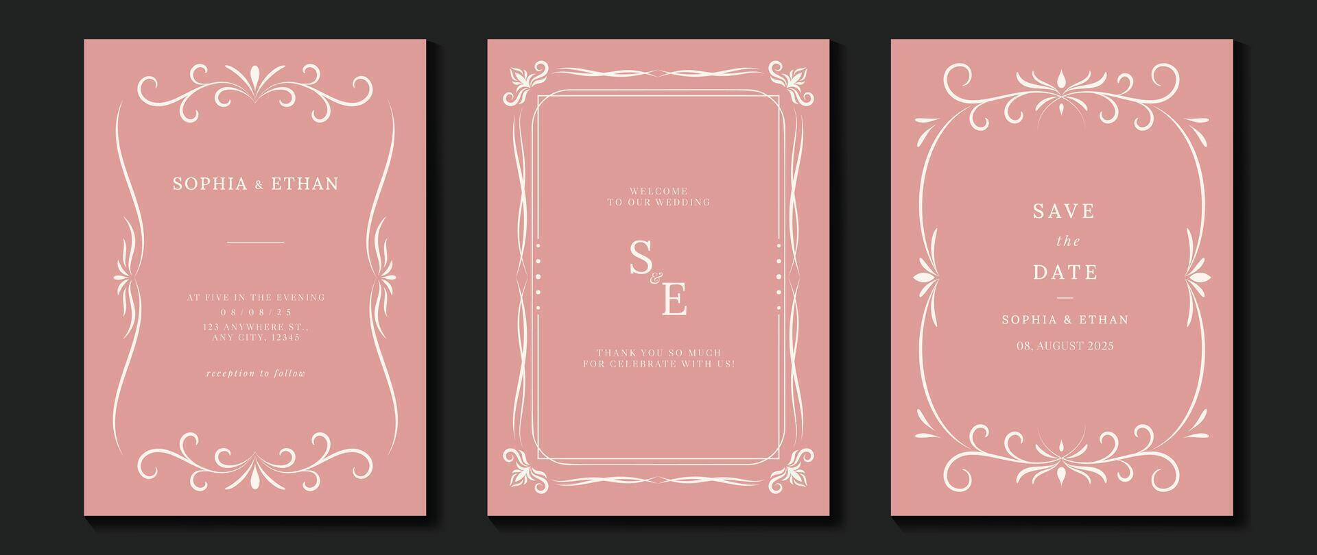 Luxury wedding invitation card vector. Elegant art nouveau classic antique design, white line, frame on pink background. Premium design illustration for gala, grand opening, art deco. vector