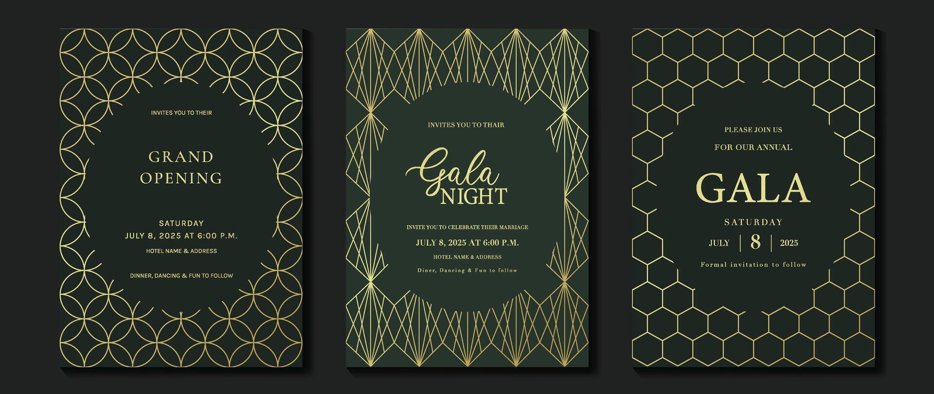 Luxury invitation card background vector. Elegant classic antique design, gold lines gradient on green background. Premium design illustration for gala card, grand opening, art deco. vector