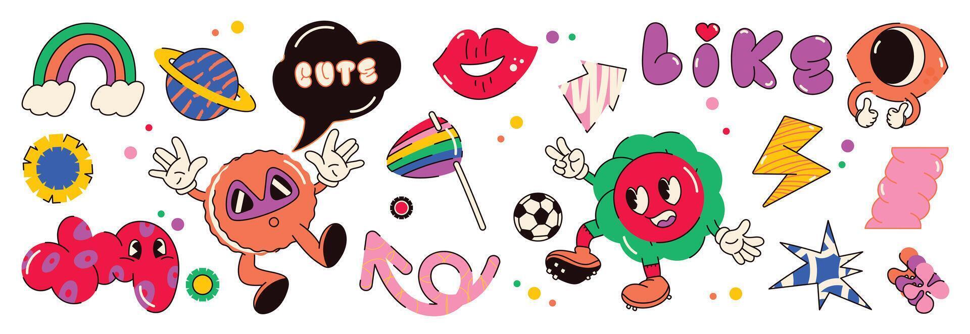 Set of funky groovy element vector. Collection of cartoon characters, doodle smile face, rainbow, flower, eye, speech bubble. Cute retro groovy hippie design for decorative, sticker, kids, clipart. vector