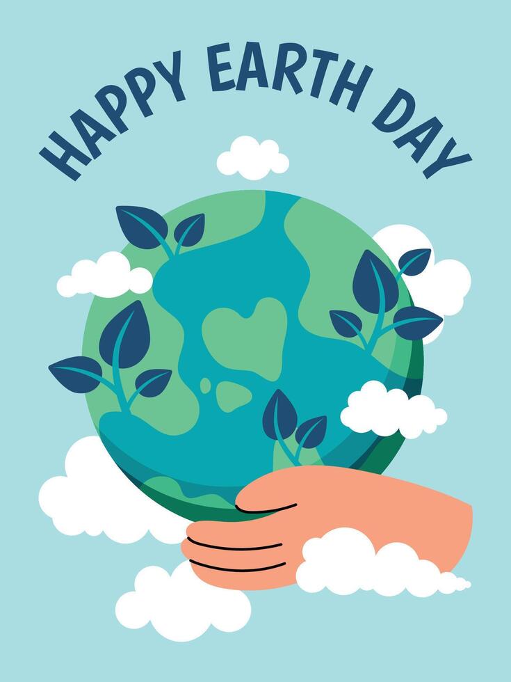 Happy Earth day concept background vector. Save the earth, globe, embrace, tree, cloud. Eco friendly illustration design for web, banner, campaign, social media post. vector
