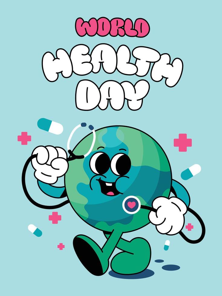 World health day concept, 7 April, background vector. Hand drawn groovy character style of earth, heart, stethoscope, pill. Design for web, banner, campaign, social media post. vector