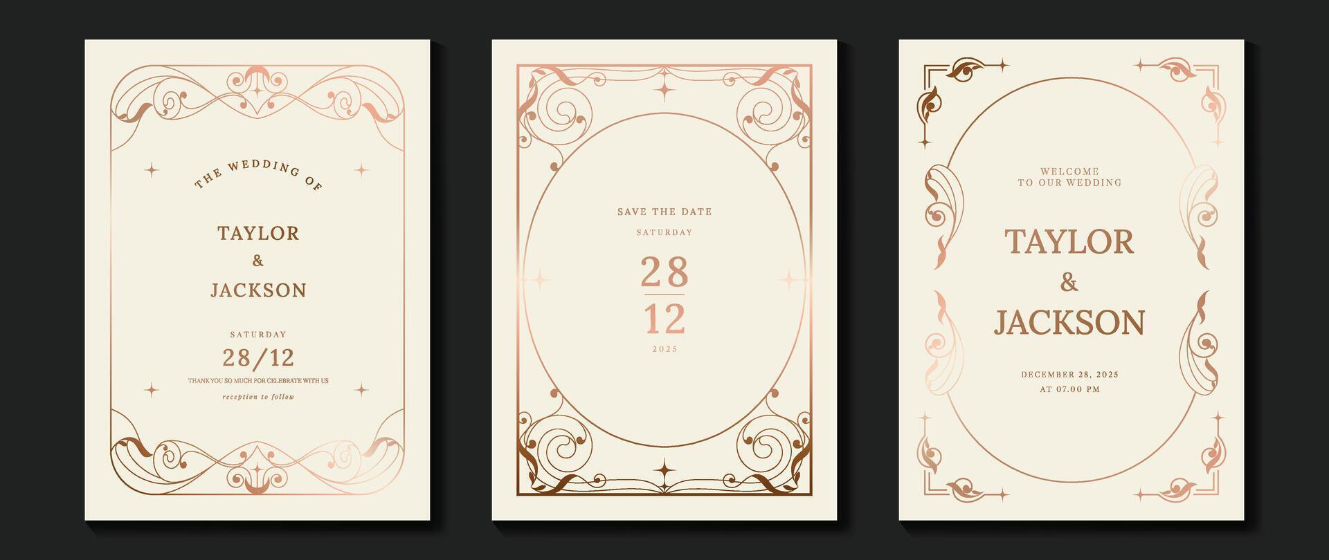 Luxury wedding invitation card vector. Elegant art nouveau classic antique design, rose gold lines gradient, frame on light background. Premium design illustration for gala, grand opening, art deco. vector